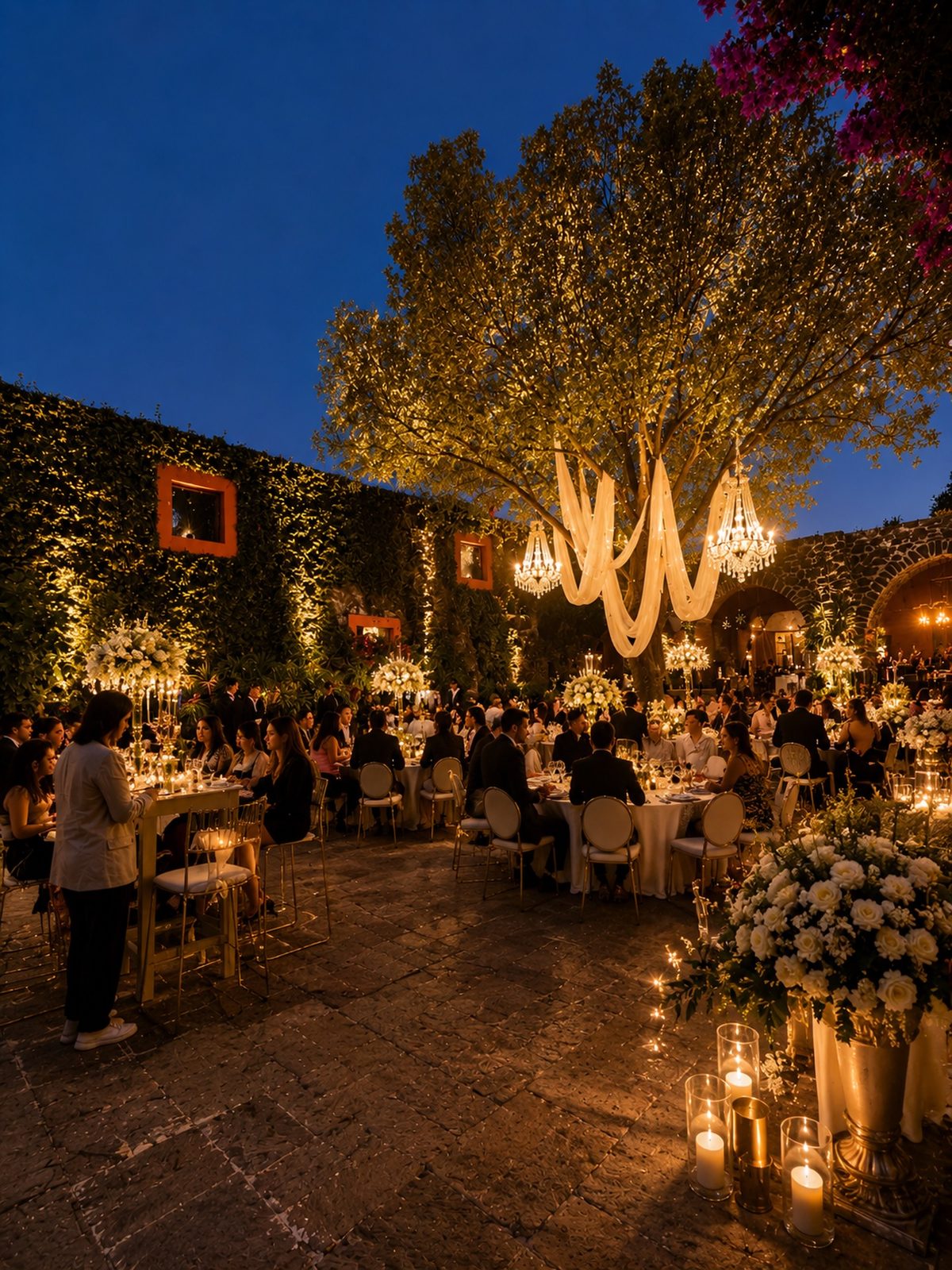 Cena de gala nocturna bajo árbol iluminado en Hacienda Dolores, Querétaro