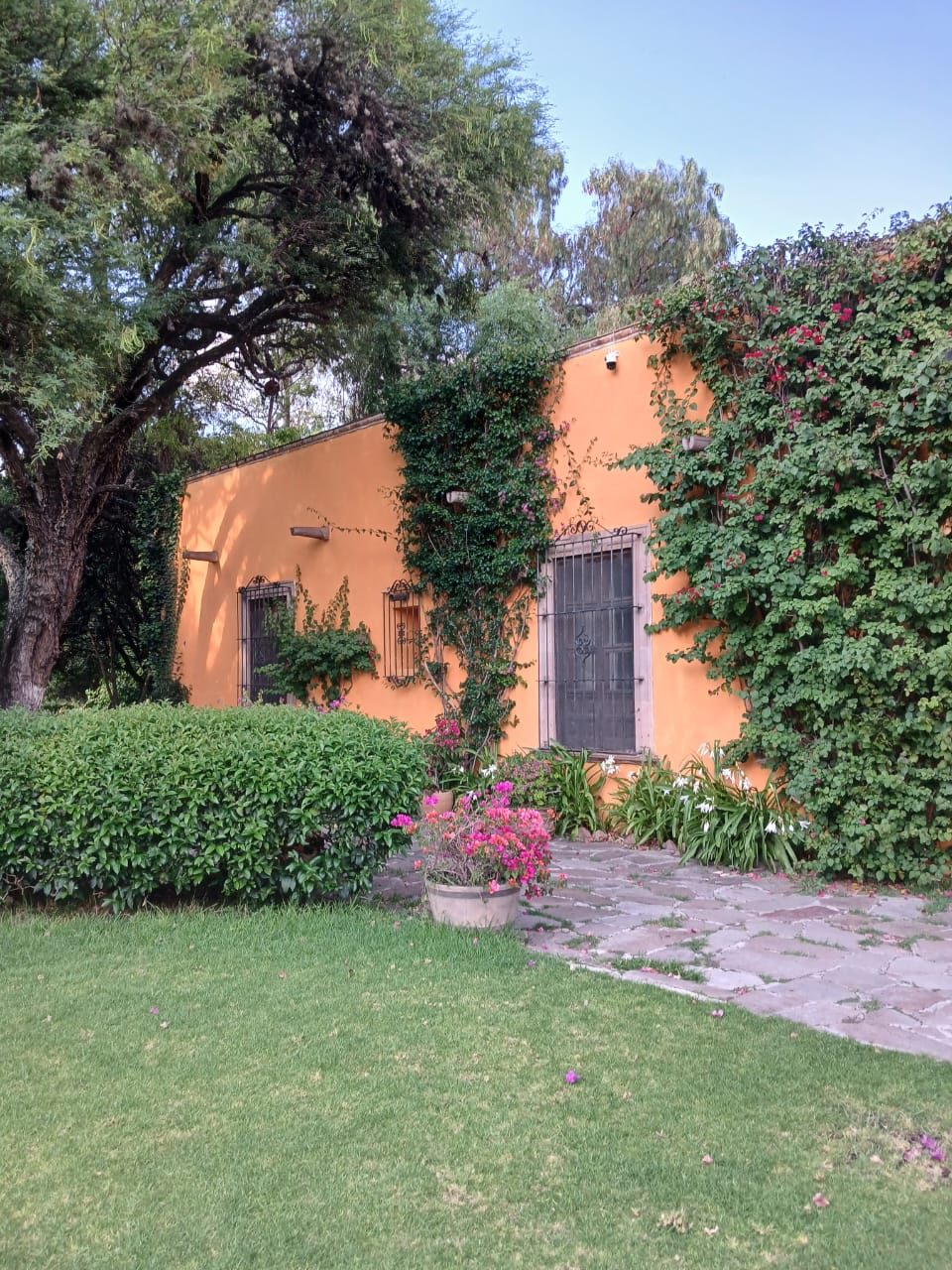 Casona naranja con buganvilia y jardín en Hacienda Dolores, Querétaro