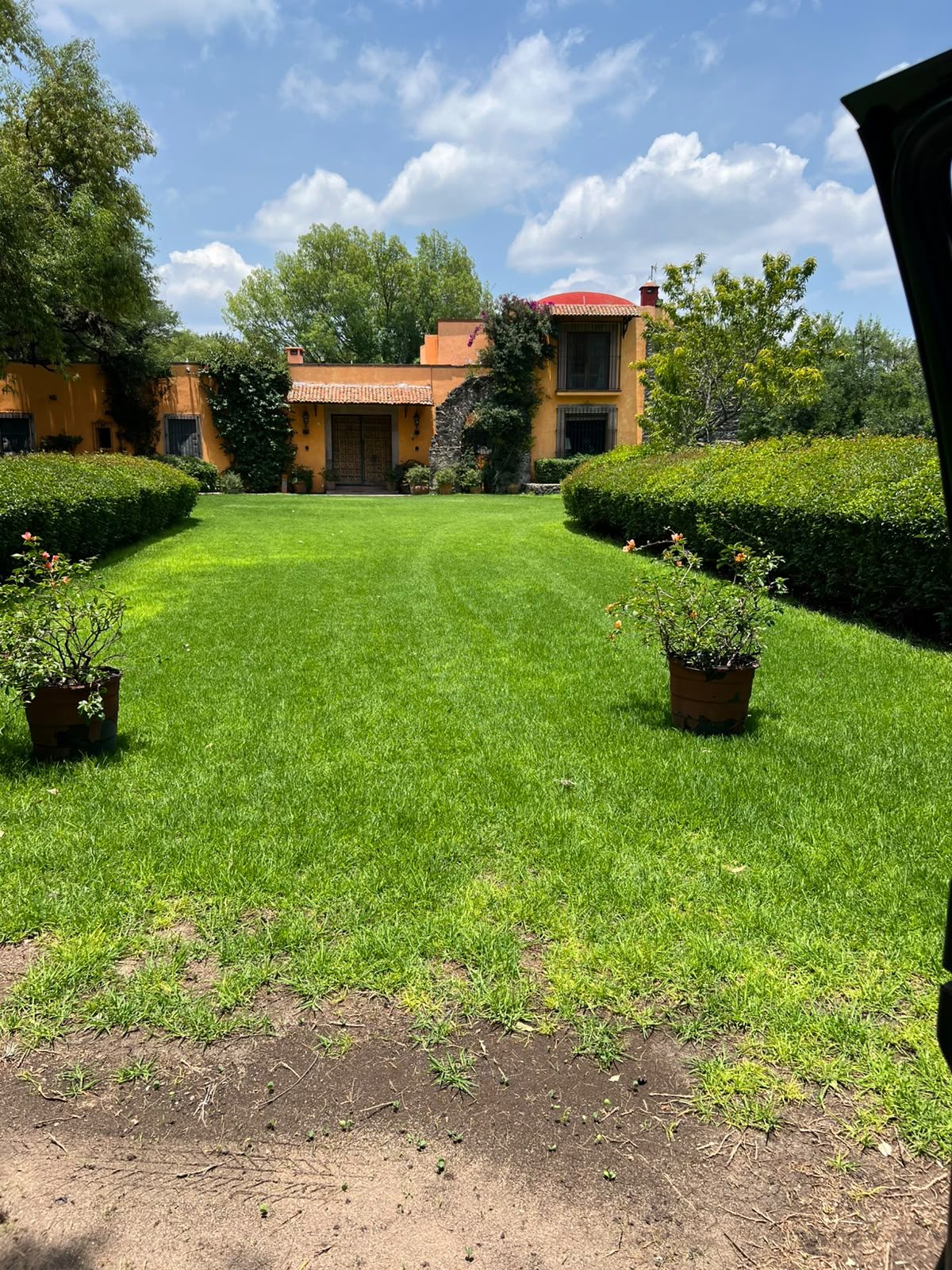 Jardín con setos y la casona al fondo en Hacienda Dolores, Querétaro