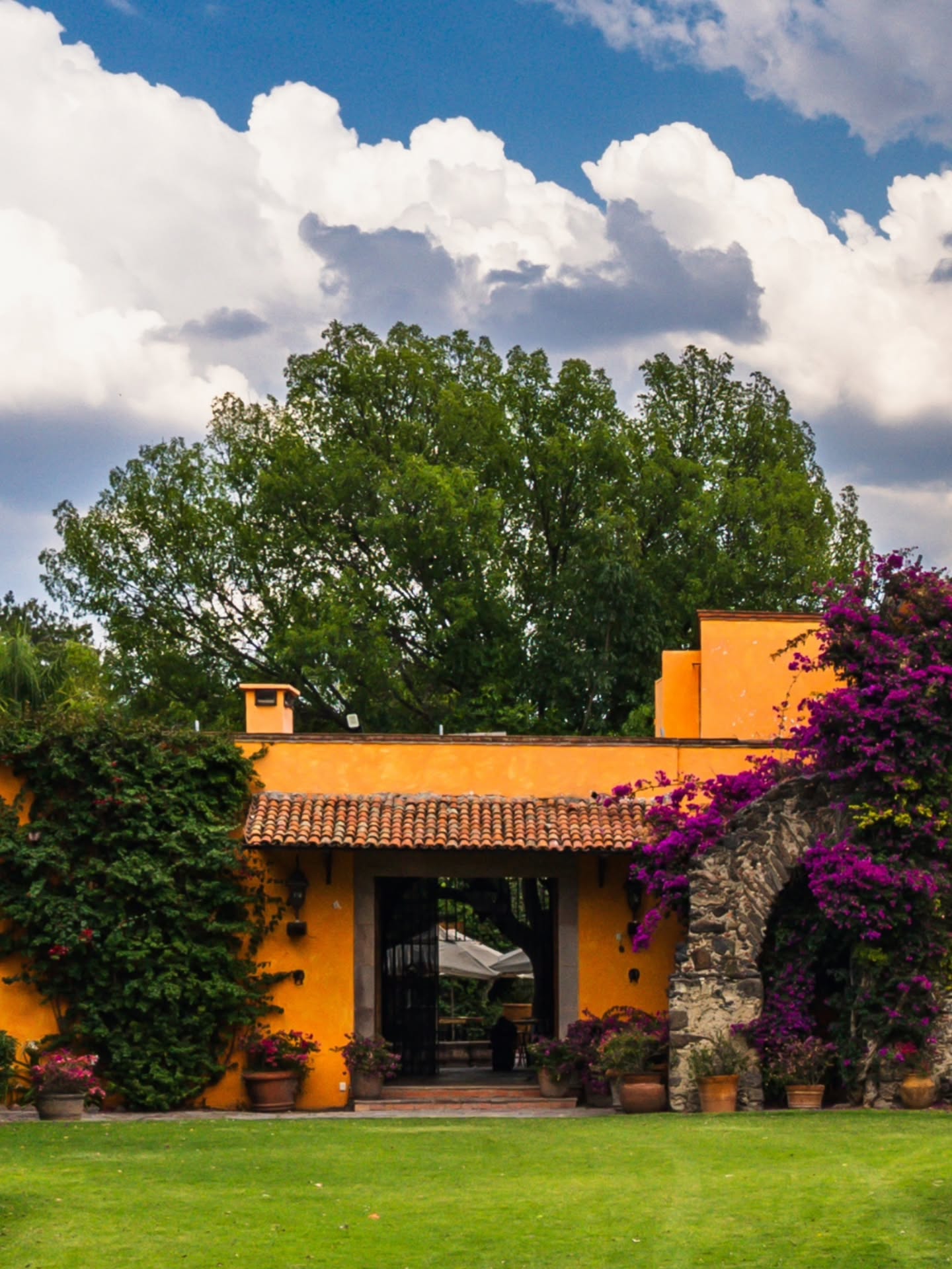 Entrada de Hacienda Dolores en Querétaro con buganvilias y arco de piedra