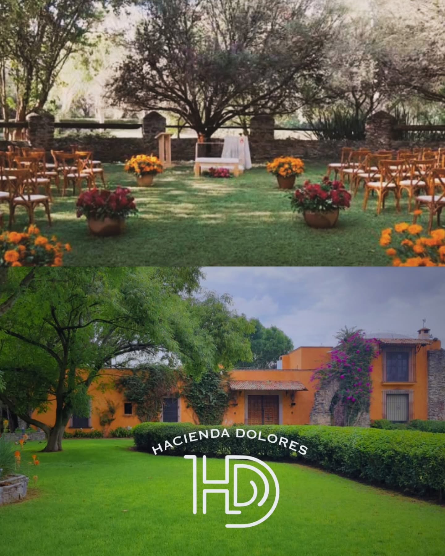 Jardín preparado para ceremonia al aire libre en Hacienda Dolores, Querétaro